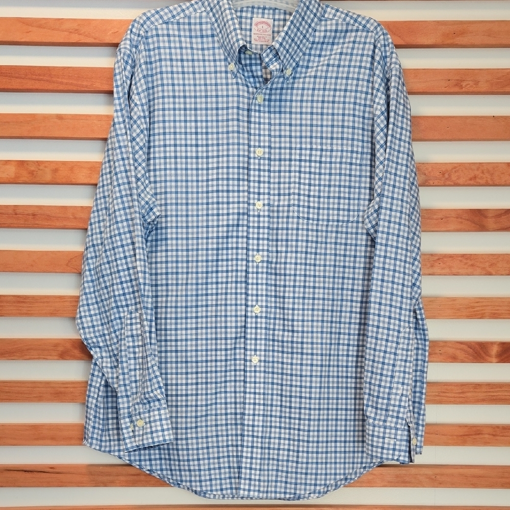 Brooks‎ Brothers Original Polo Shirt Men’s L Blue Gingham Check Regular Fit - Picture 2 of 3